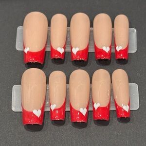 Red French Tip Press-On Nails with Heart Design